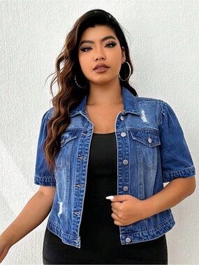 Distressed Blue Denim Jacket - Short Sleeve - Plus Size - Boho Chic